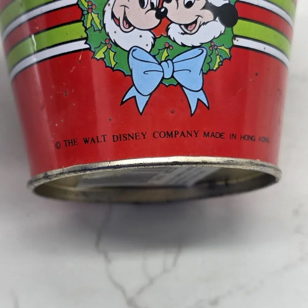 Vintage Disney Mickey Minnie Christmas Tree Round Tin Box Container Hong Kong
